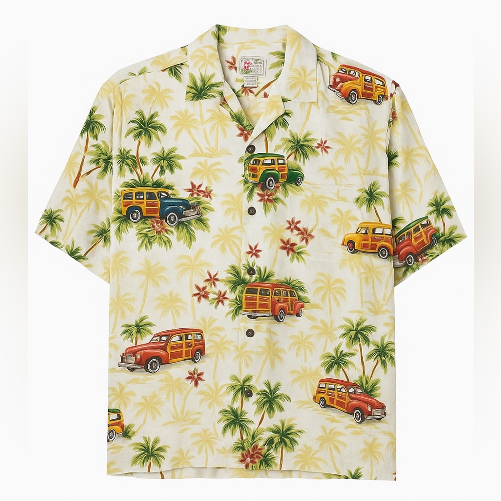 Hilo Hattie Hawaiian Shirt Woodie Car & Palm Tree Print – Size Large